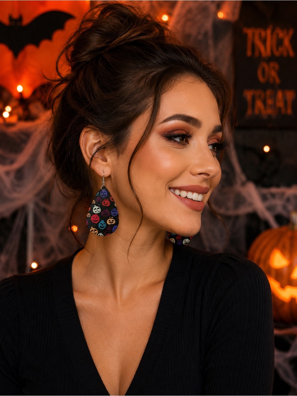 Colorful Jack-O'-Lantern Faux Leather Teardrop Earrings